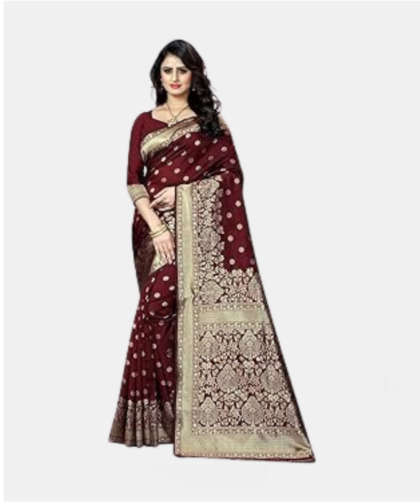 Women's Zari Woven Cotton Silk Jacquard Saree With Unstitched Blouse Material